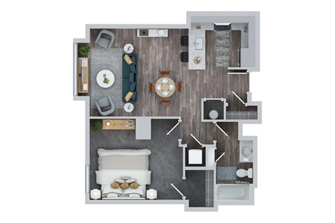 Floor plan for 1 bed, 1 bath, 679 sqft